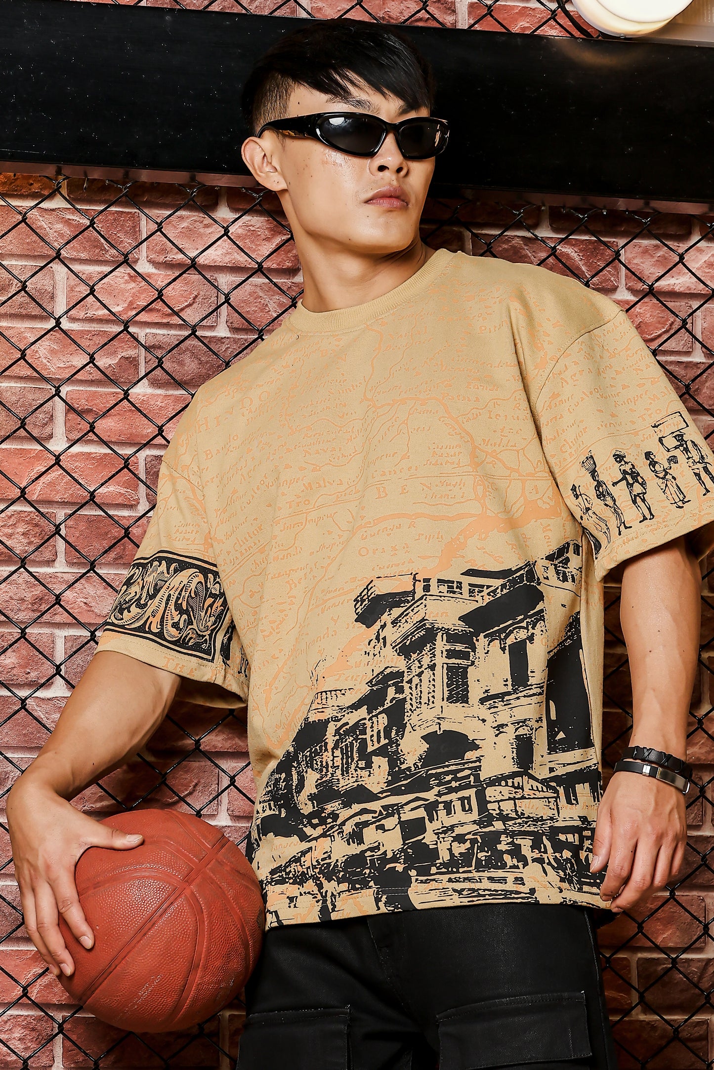 Indian Streetscape Oversized Beige T-shirt