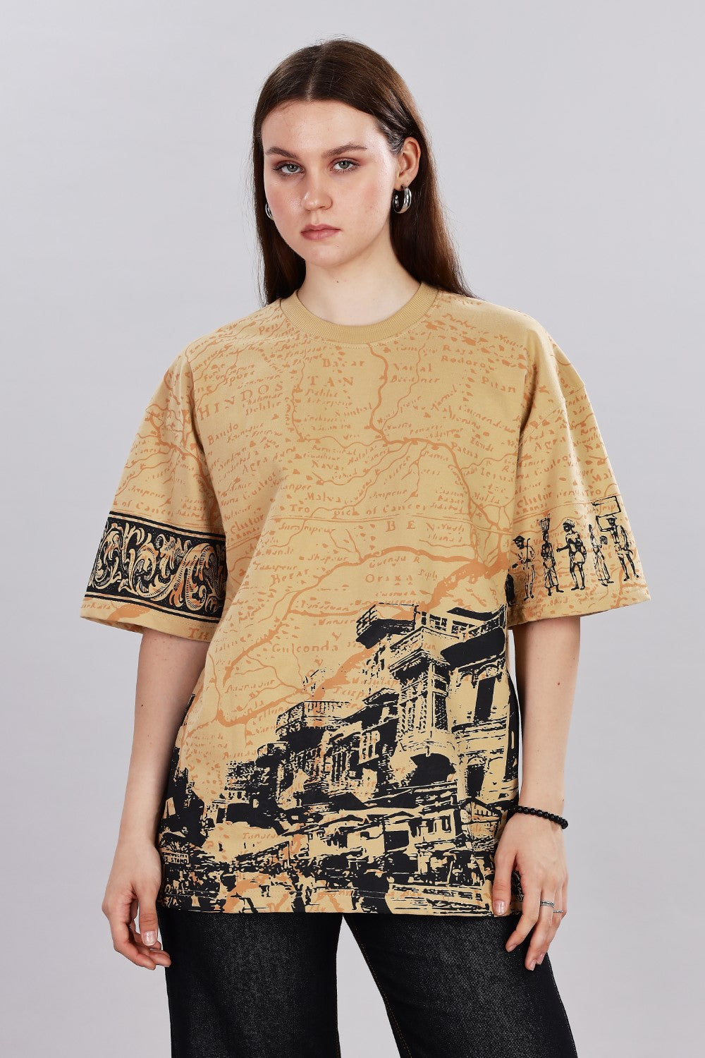 Indian Streetscape Oversized Beige T-shirt