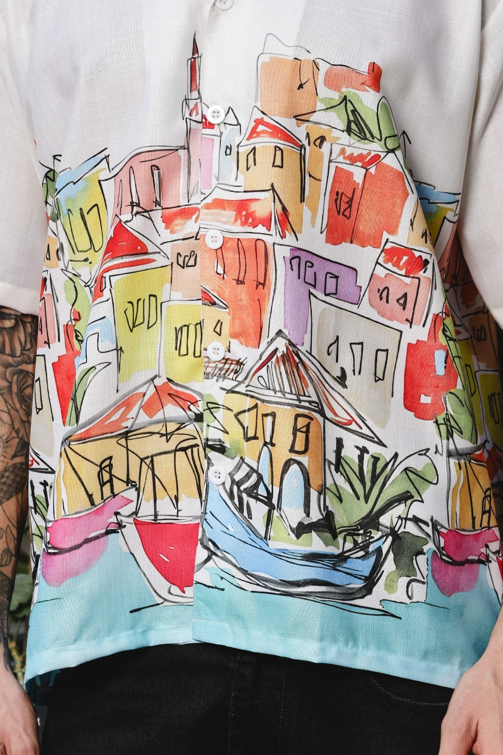 Coastal Sketch White Shirt – Hand-Drawn Vibrance