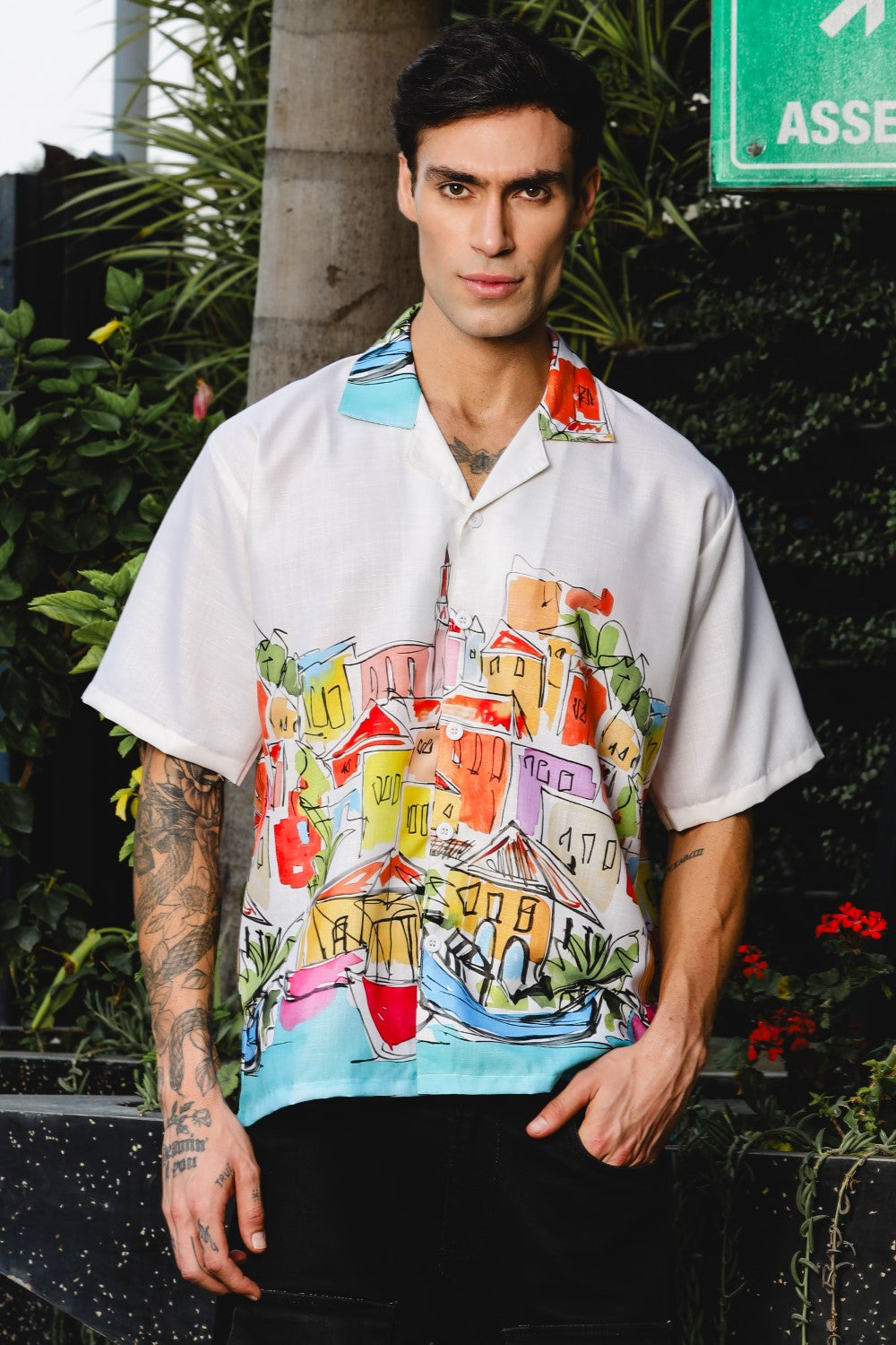 Coastal Sketch White Shirt – Hand-Drawn Vibrance