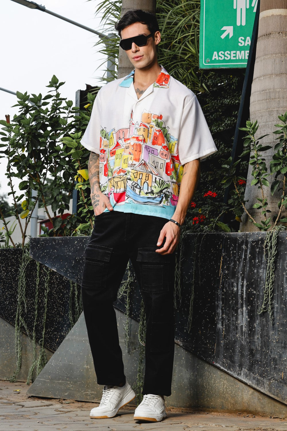 Coastal Sketch White Shirt – Hand-Drawn Vibrance