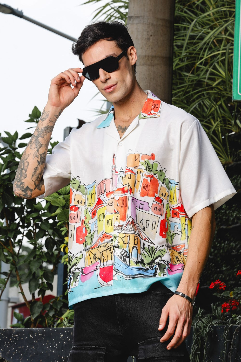Coastal Sketch White Shirt – Hand-Drawn Vibrance