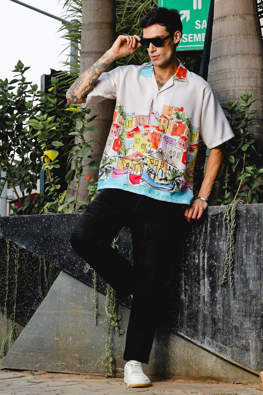 Coastal Sketch White Shirt – Hand-Drawn Vibrance