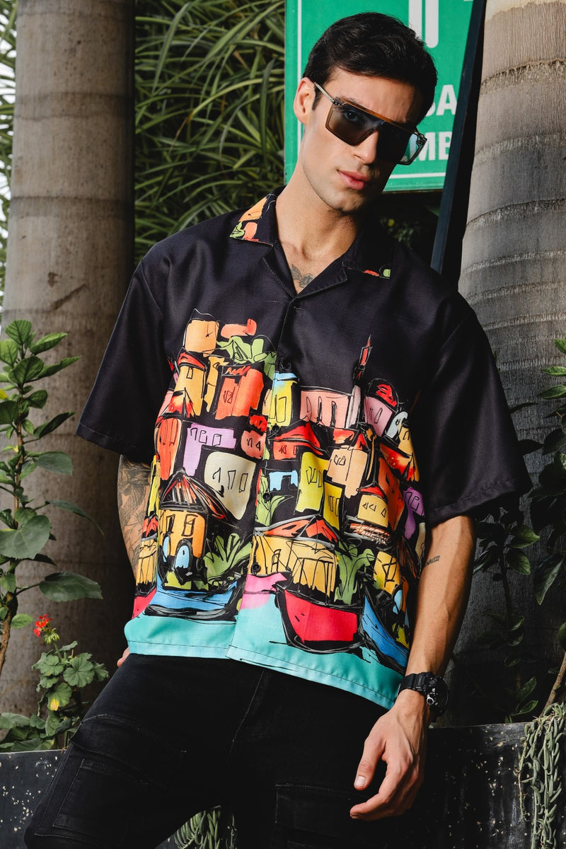 Coastal Sketch Black Shirt – Hand-Drawn Vibrance