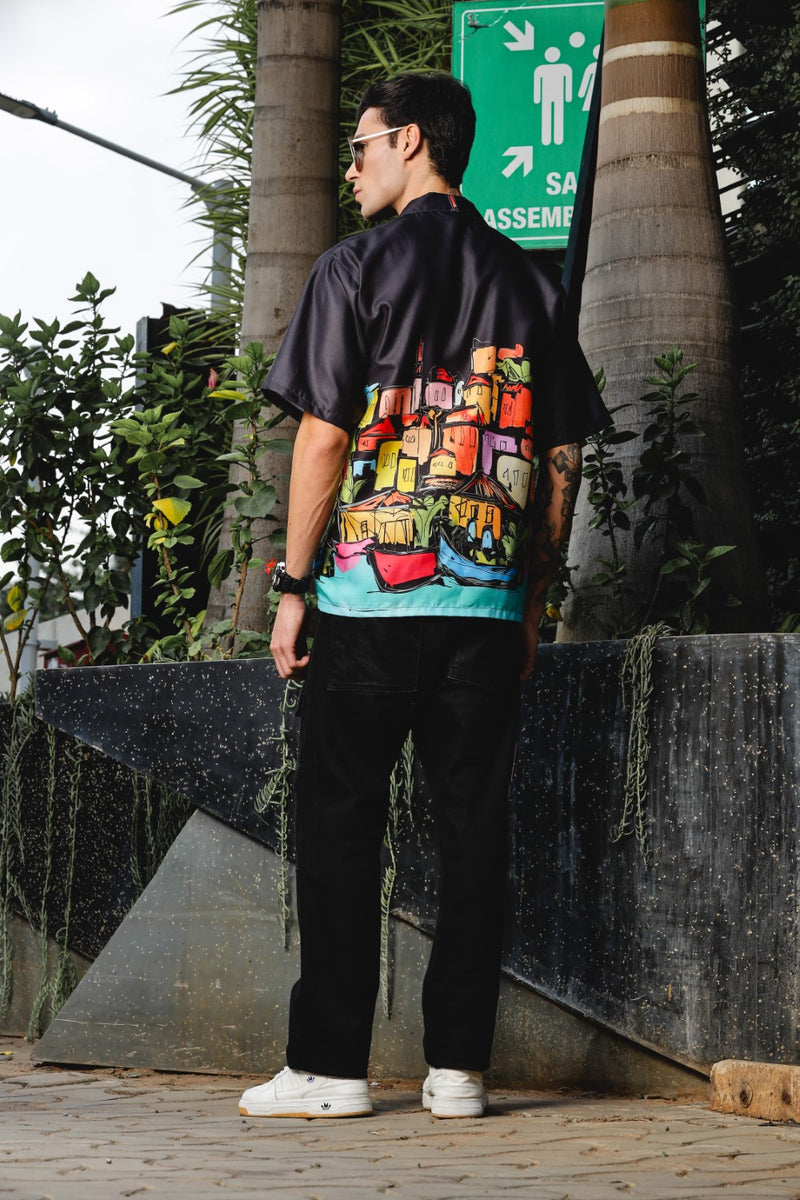 Coastal Sketch Black Shirt – Hand-Drawn Vibrance