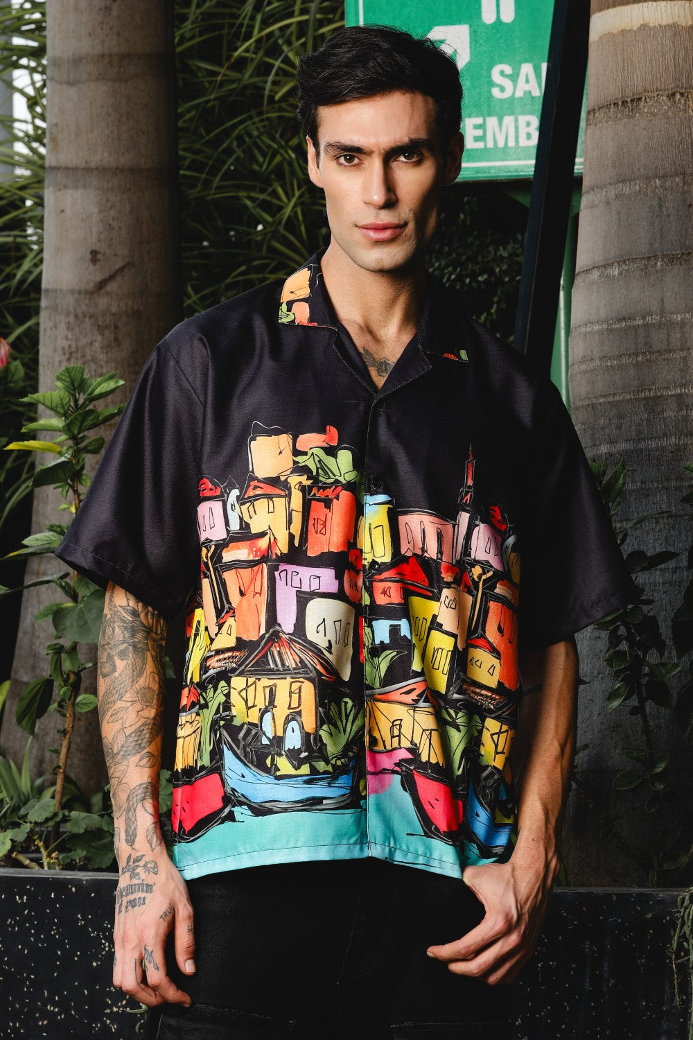 Coastal Sketch Black Shirt – Hand-Drawn Vibrance
