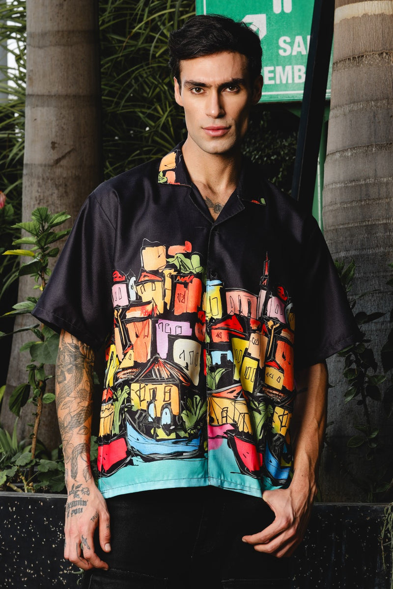 Coastal Sketch Black Shirt – Hand-Drawn Vibrance