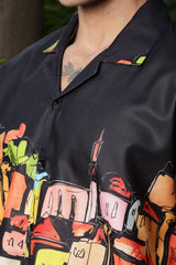 Coastal Sketch Black Shirt – Hand-Drawn Vibrance