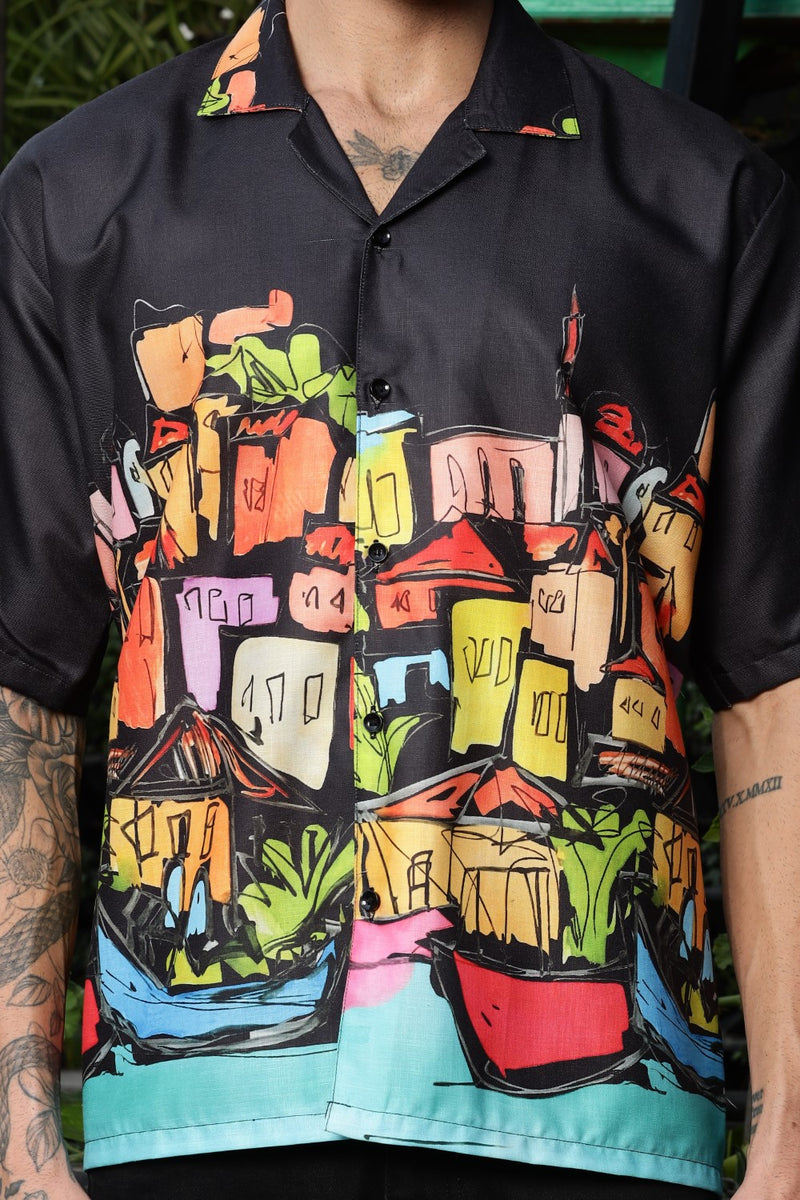 Coastal Sketch Black Shirt – Hand-Drawn Vibrance
