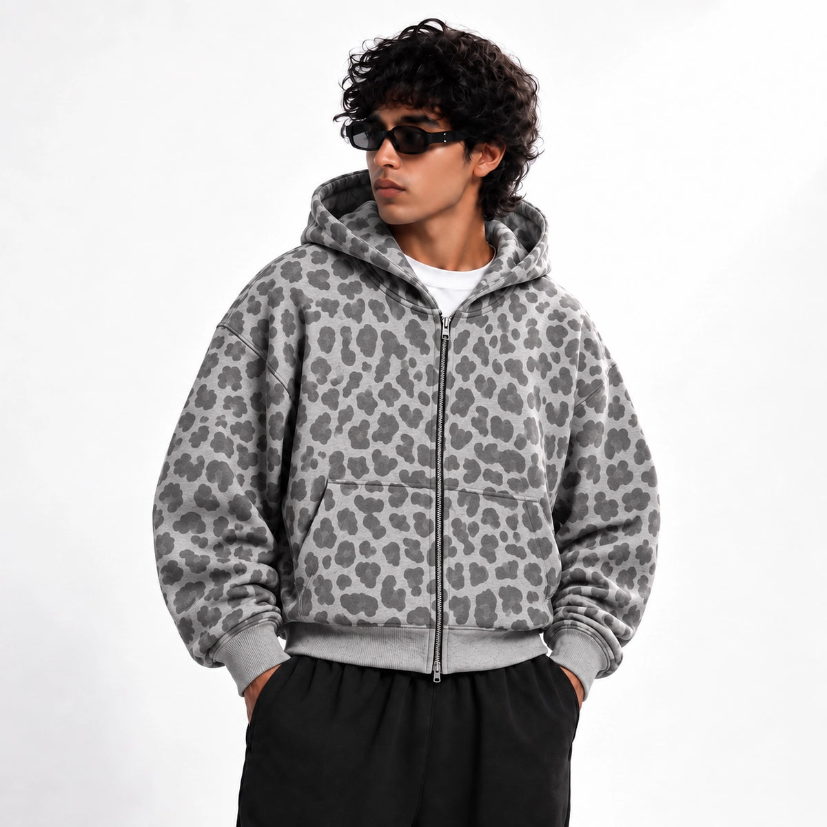 Grey Leopard Zip Hoodie