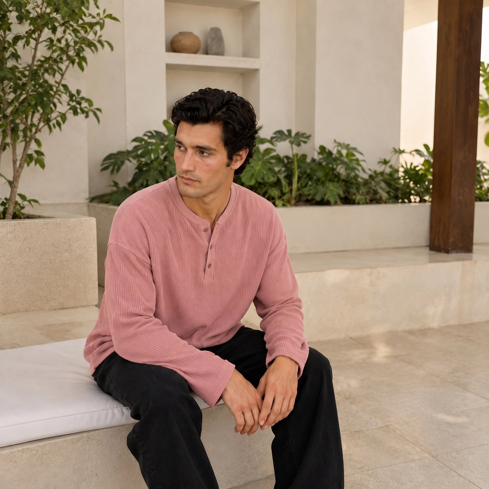 Pink Waffle Henley