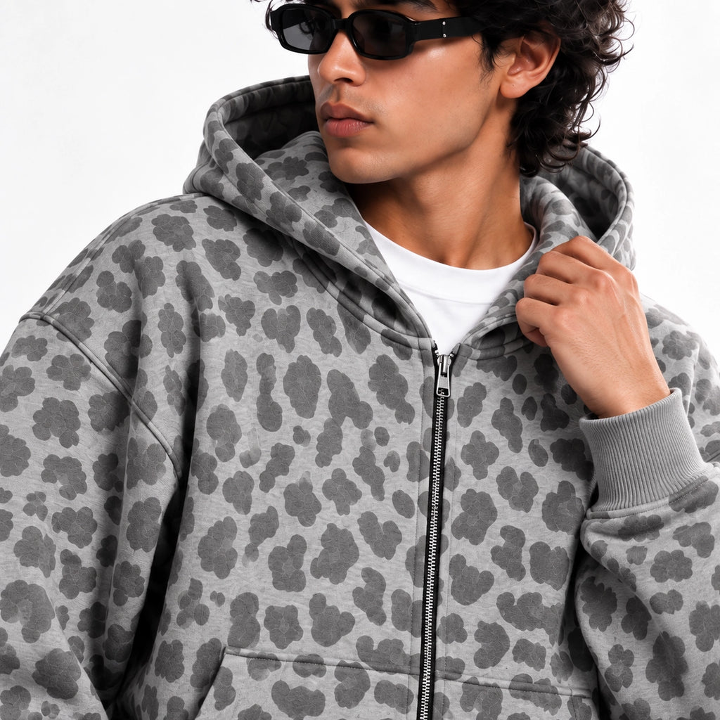 Grey Leopard Zip Hoodie