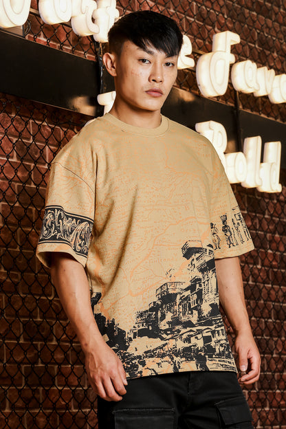 Indian Streetscape Oversized Beige T-shirt