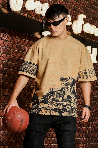 Indian Streetscape Oversized Beige T-shirt