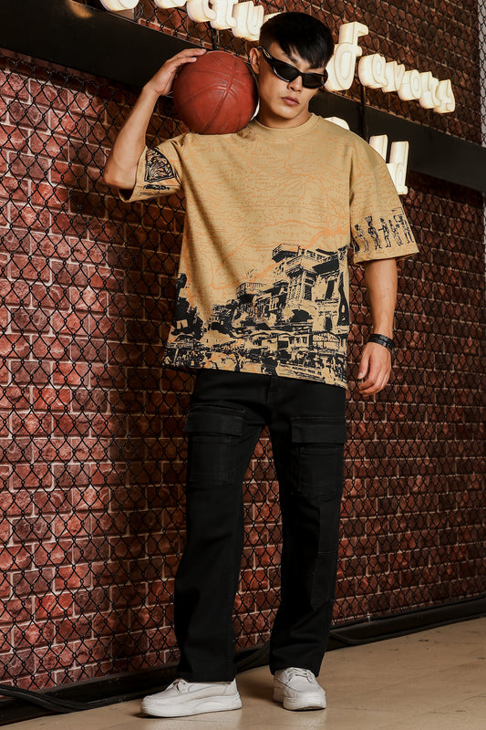 Indian Streetscape Oversized Beige T-shirt