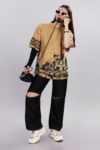 Indian Streetscape Oversized Beige T-shirt