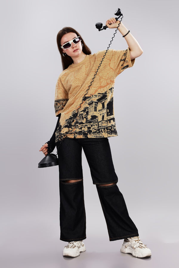 Indian Streetscape Oversized Beige T-shirt