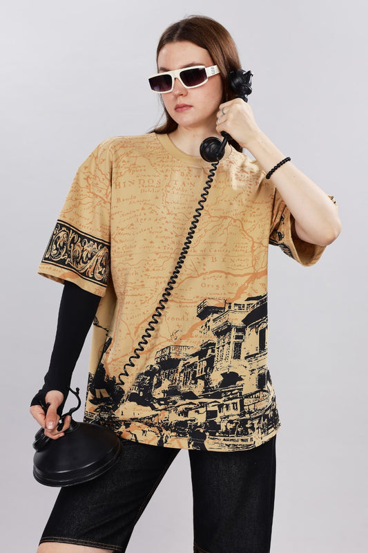 Indian Streetscape Oversized Beige T-shirt