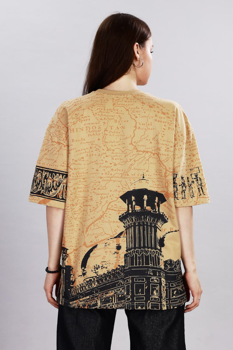 Indian Streetscape Oversized Beige T-shirt