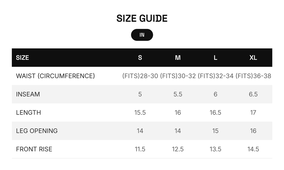 Vector Shorts Size Chart