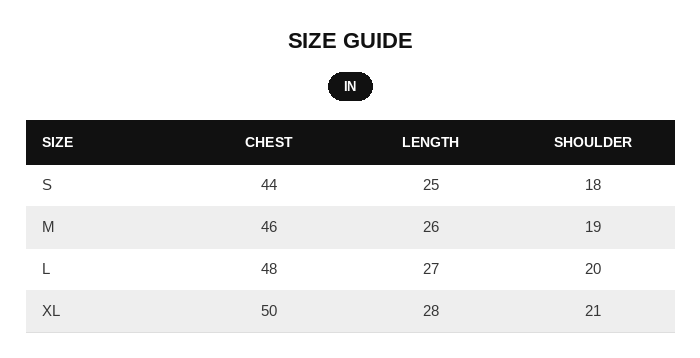 Midnight Clasp Shirt Size Chart