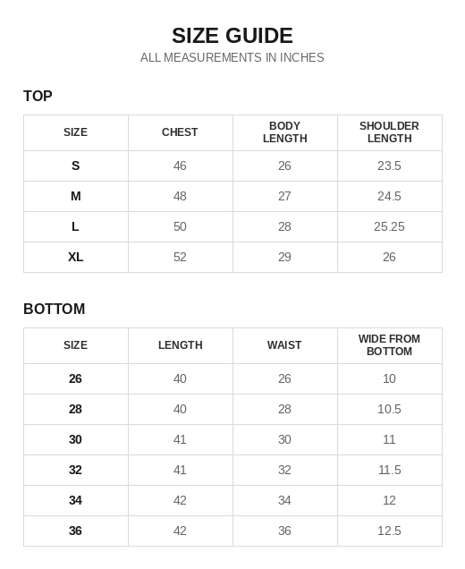 Bloom Co-ord Set Size Chart