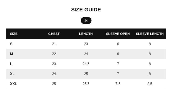 Stealth Black Cropped Tee Size Chart